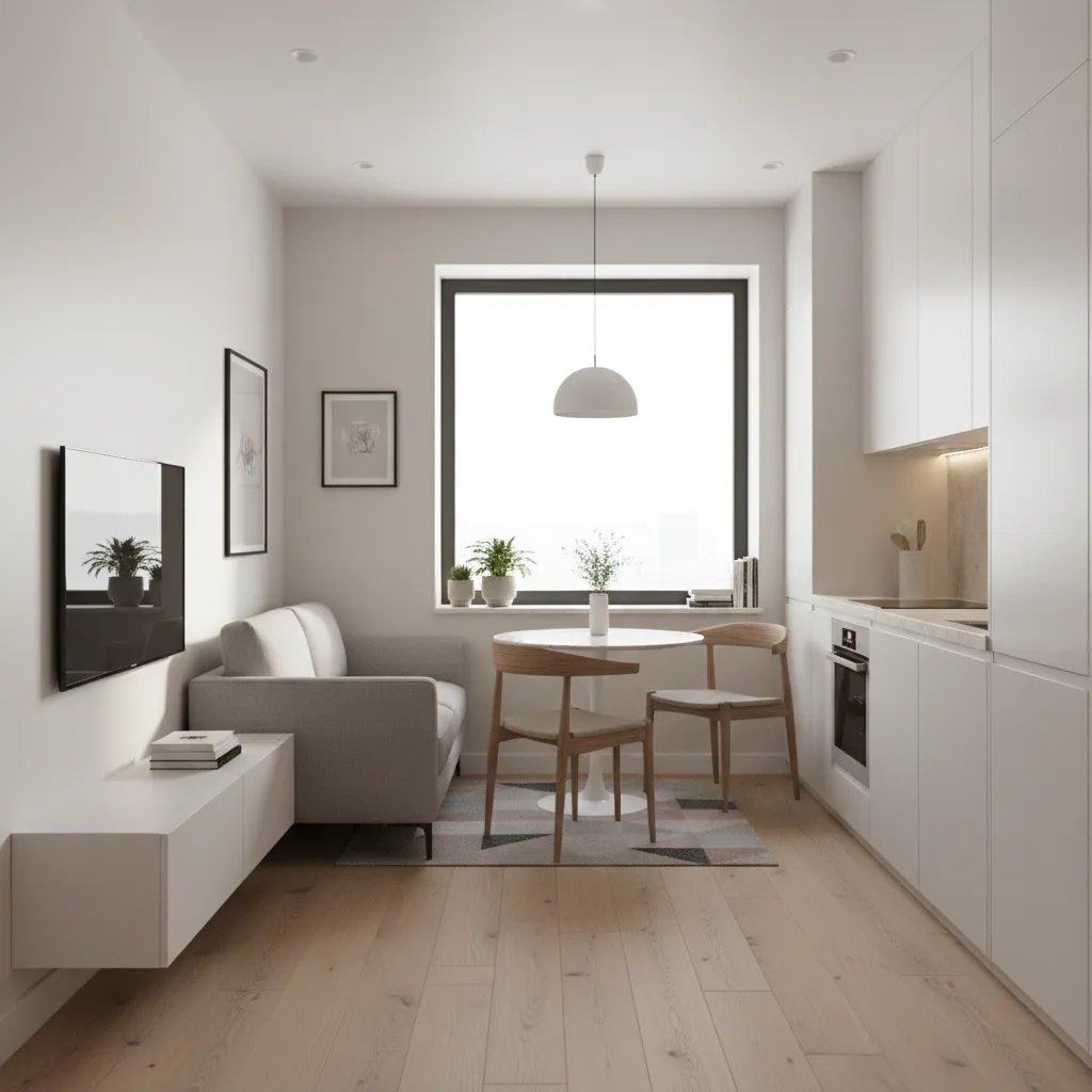 interior de casa pequena 30m2 com sala e cozinha integradas