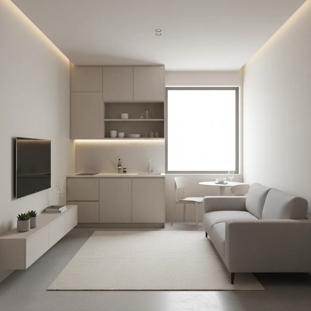 interior de casa pequena de 30m2 com sala e cozinha integradas