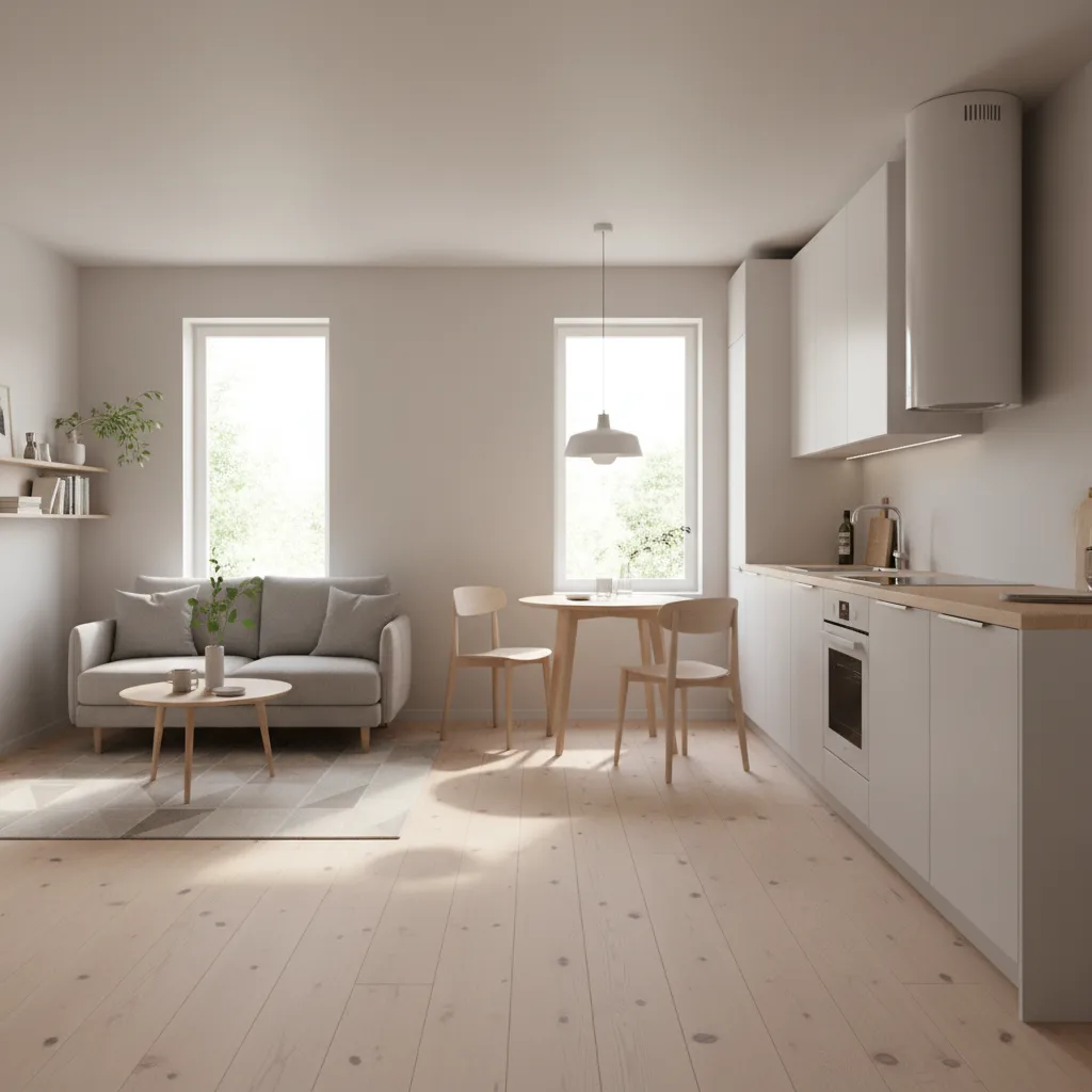 interior de casa pequena de 36 metros quadrados com sala e cozinha integradas