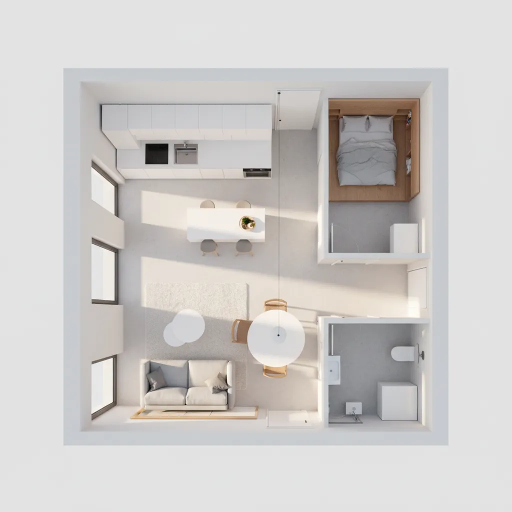 Plano de casa pequeña de 40 metros cuadrados con espacios abiertos