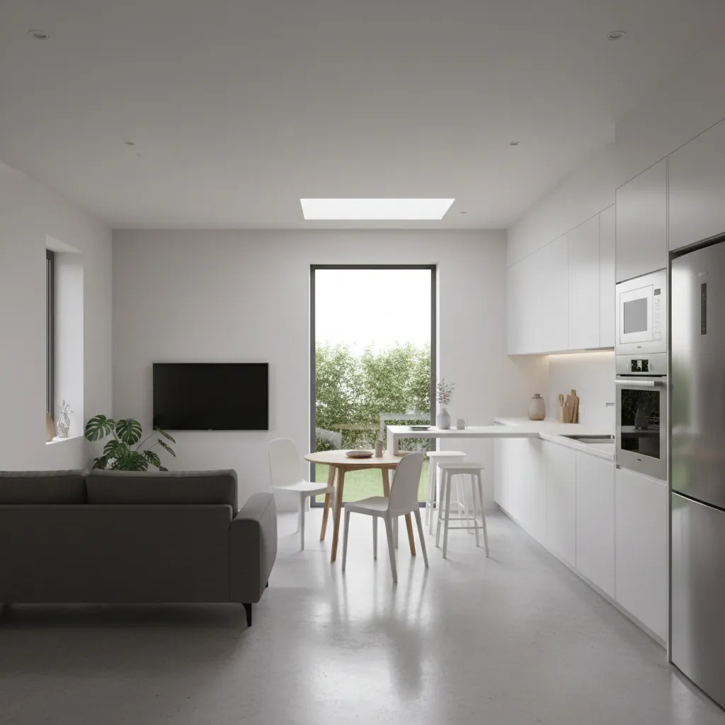 interior de casa pequena 42m2 com sala e cozinha integradas
