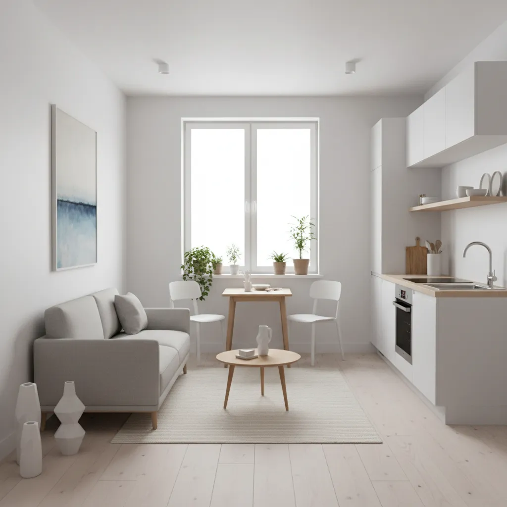 interior de casa pequena 6x8 com sala e cozinha integradas