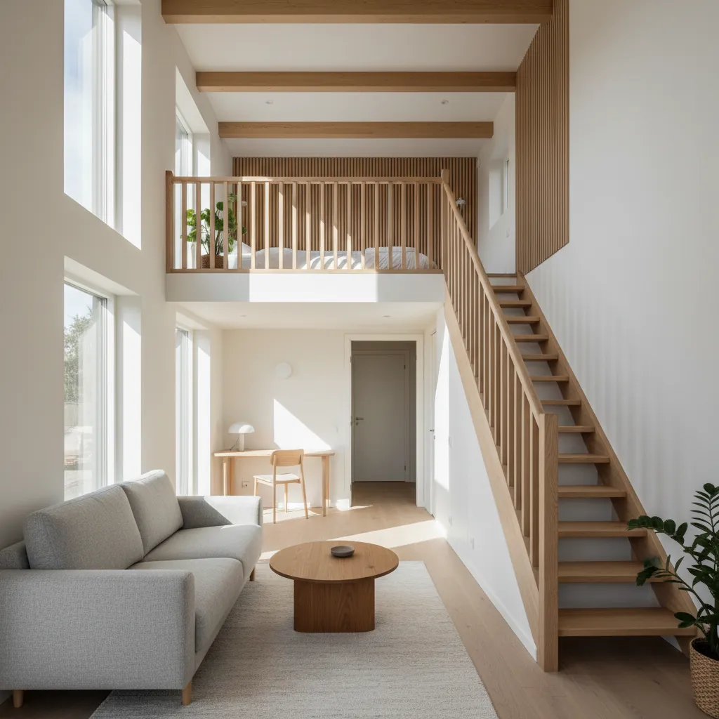 Interior de casa pequeña con mezzanine y aprovechamiento vertical del espacio