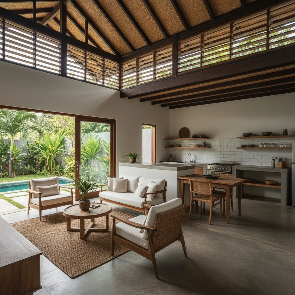 Interior abierto de casa pequeña con sala y cocina integradas