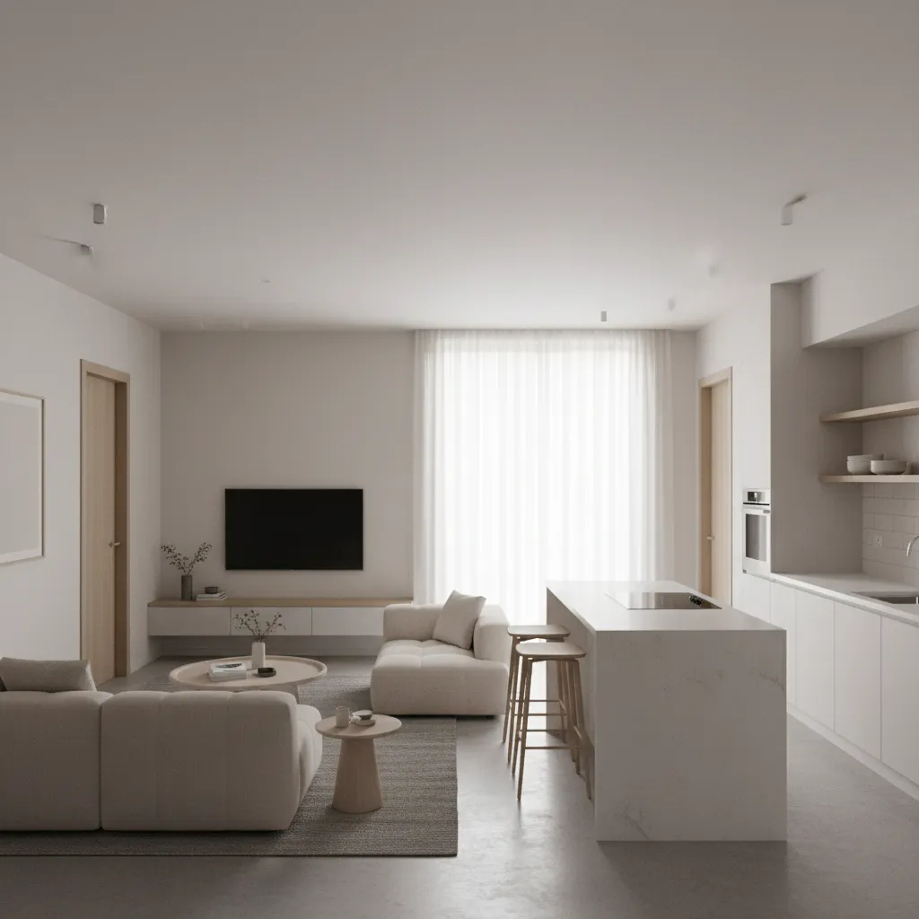 interior de casa pequena com dois quartos e sala integrada iluminada