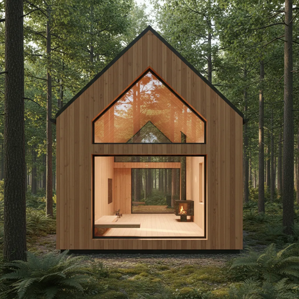 Casa pequeña moderna con tejado a dos aguas en entorno natural