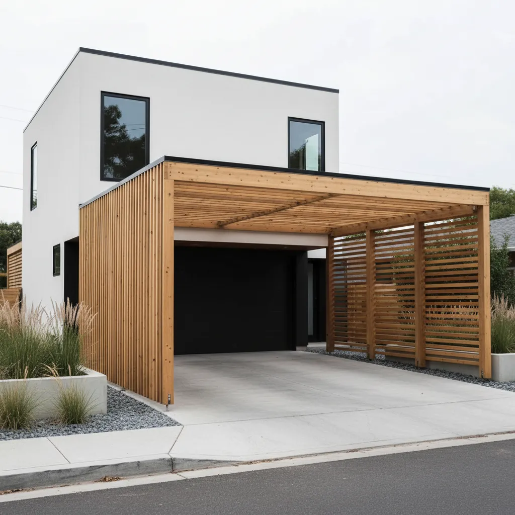 Casa pequeña con garaje tipo pérgola económico