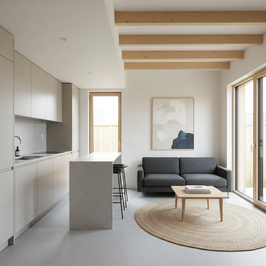 interior de casa pequena com sala integrada à cozinha em layout compacto
