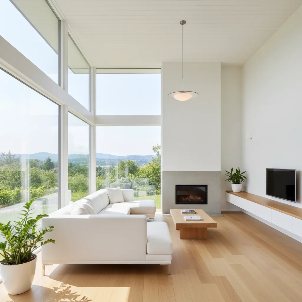 Casa pequeña con grandes ventanas y mucha luz natural