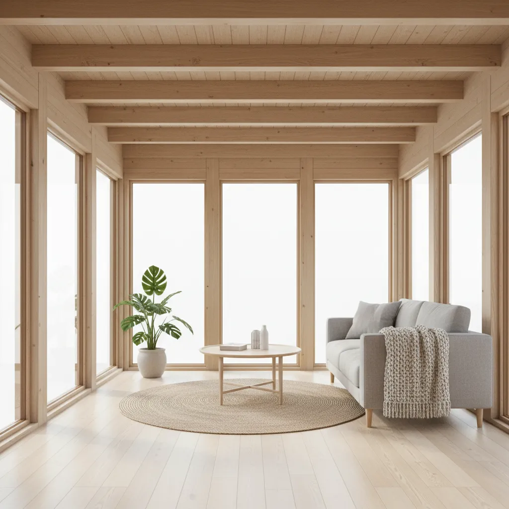 interior luminoso de casa pequeña con grandes ventanas