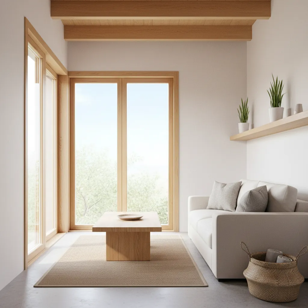 Interior luminoso de casa pequeña con colores claros