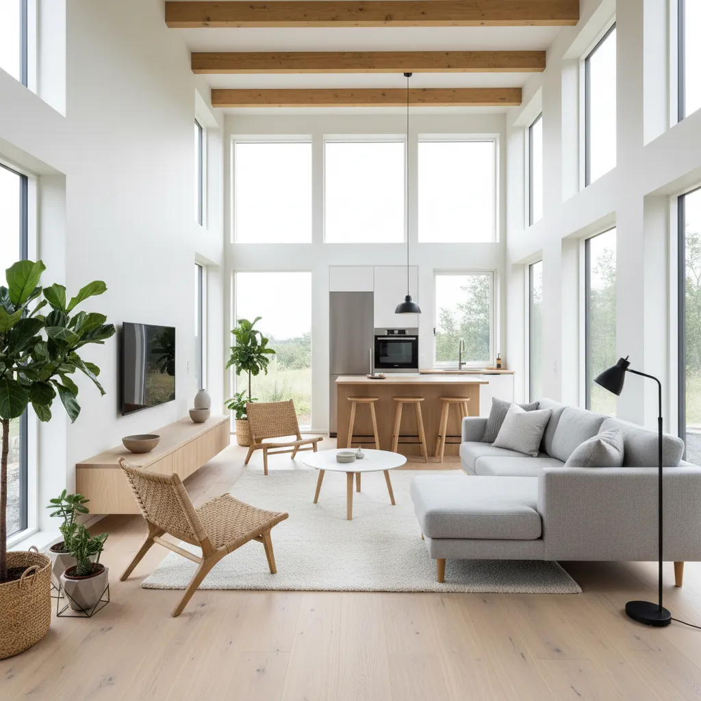 Bright living room with high ceiling, wooden beams, grey sofa, large windows, and open kitchen