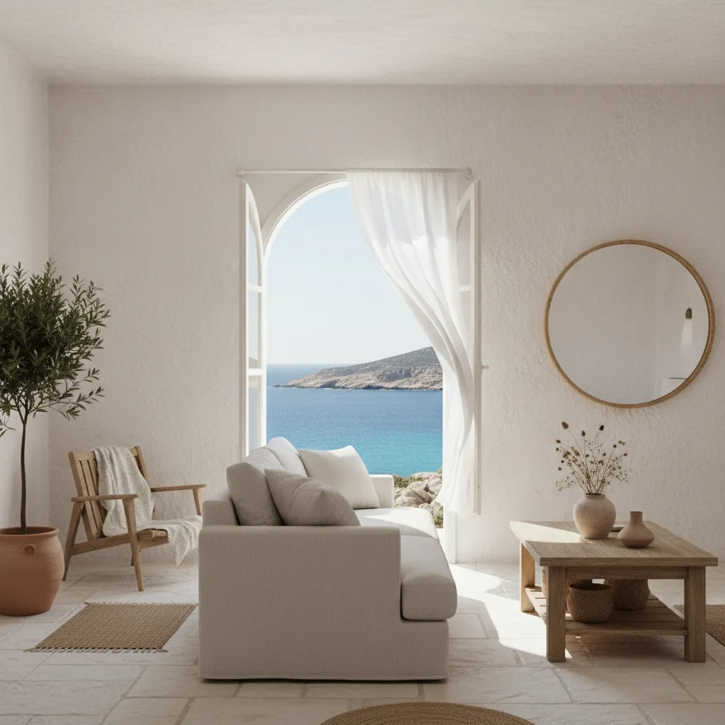 Pequeña casa mediterránea luminosa con decoración minimalista