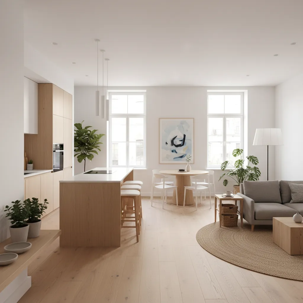 Interior abierto de casa pequeña moderna con cocina y sala integradas