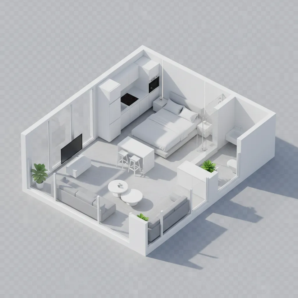 plano 3D de una casa pequeña optimizada