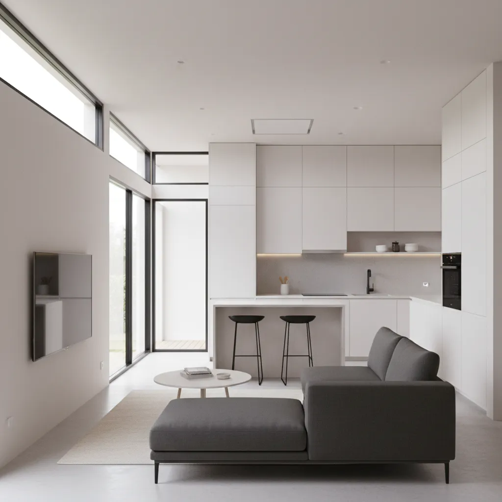 Sala y cocina integradas en casa pequeña