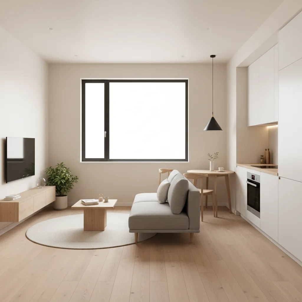 Sala y cocina integradas en una casa pequeña moderna