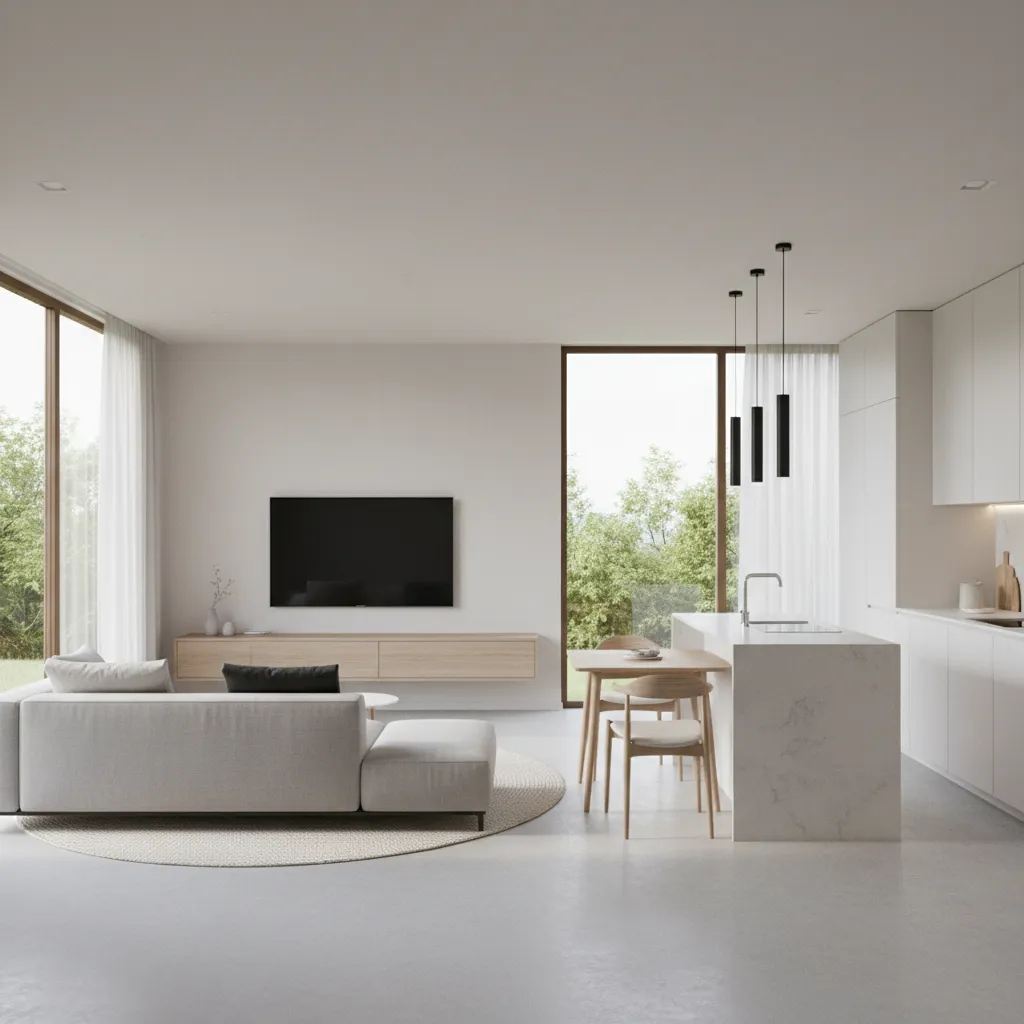 sala e cozinha integradas em casa pequena com dois quartos