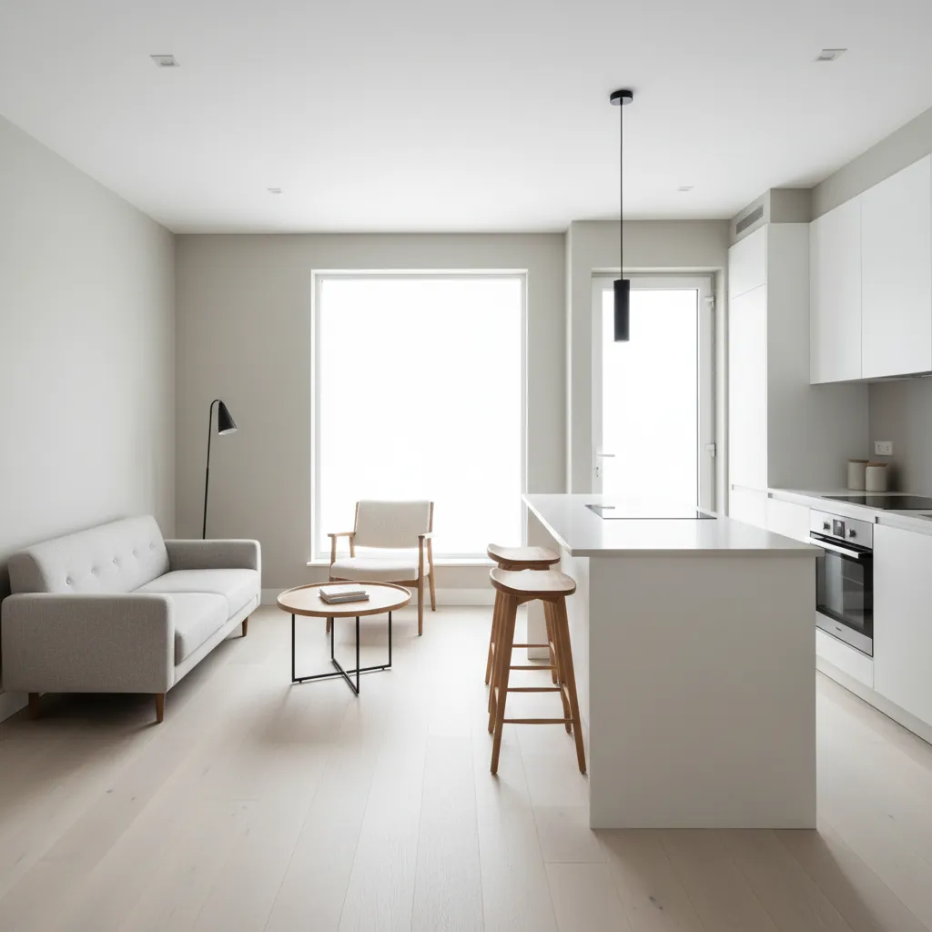 sala e cozinha integradas em casa pequena de 60m2