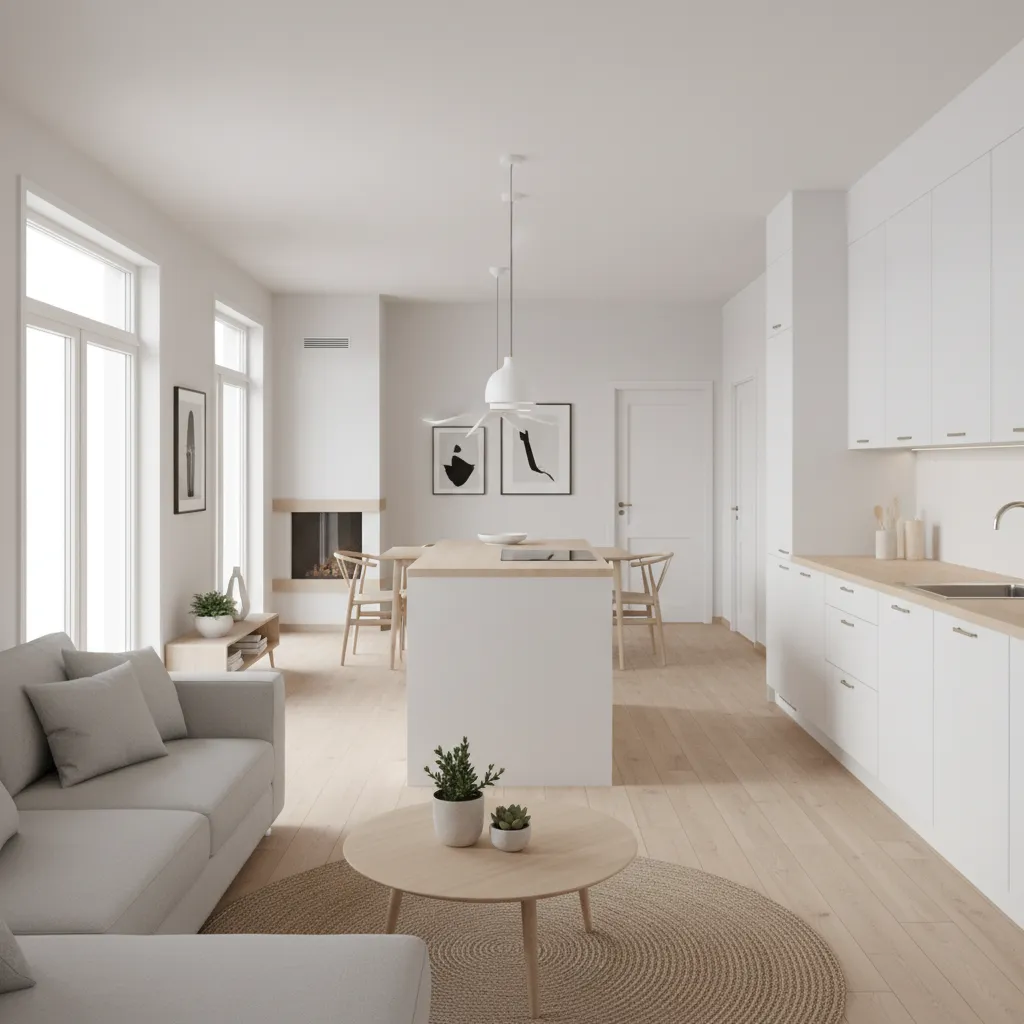 Interior de casa pequeña con tres habitaciones y cocina abierta