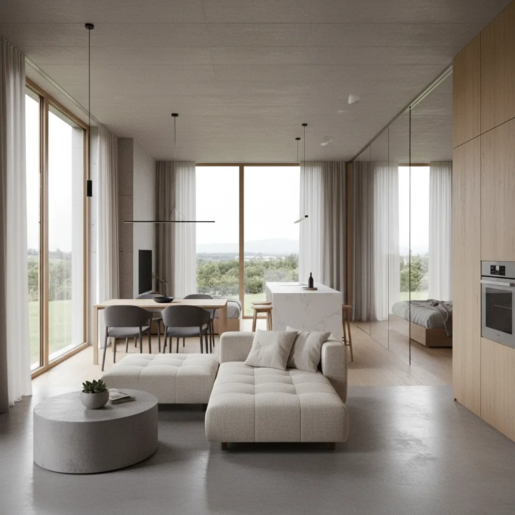 Minimalist living room with a grey sofa round stone table and view of green trees