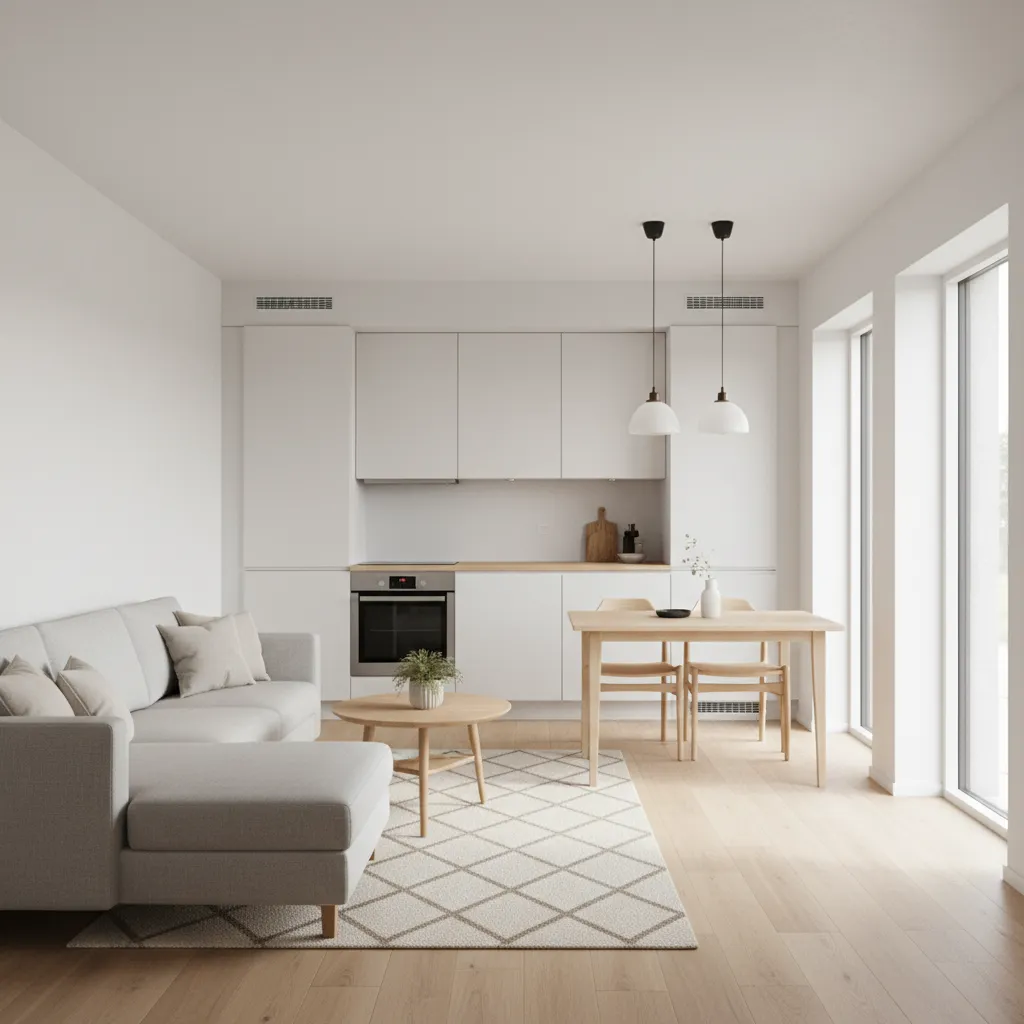 interior de casa pequena com sala e cozinha integradas