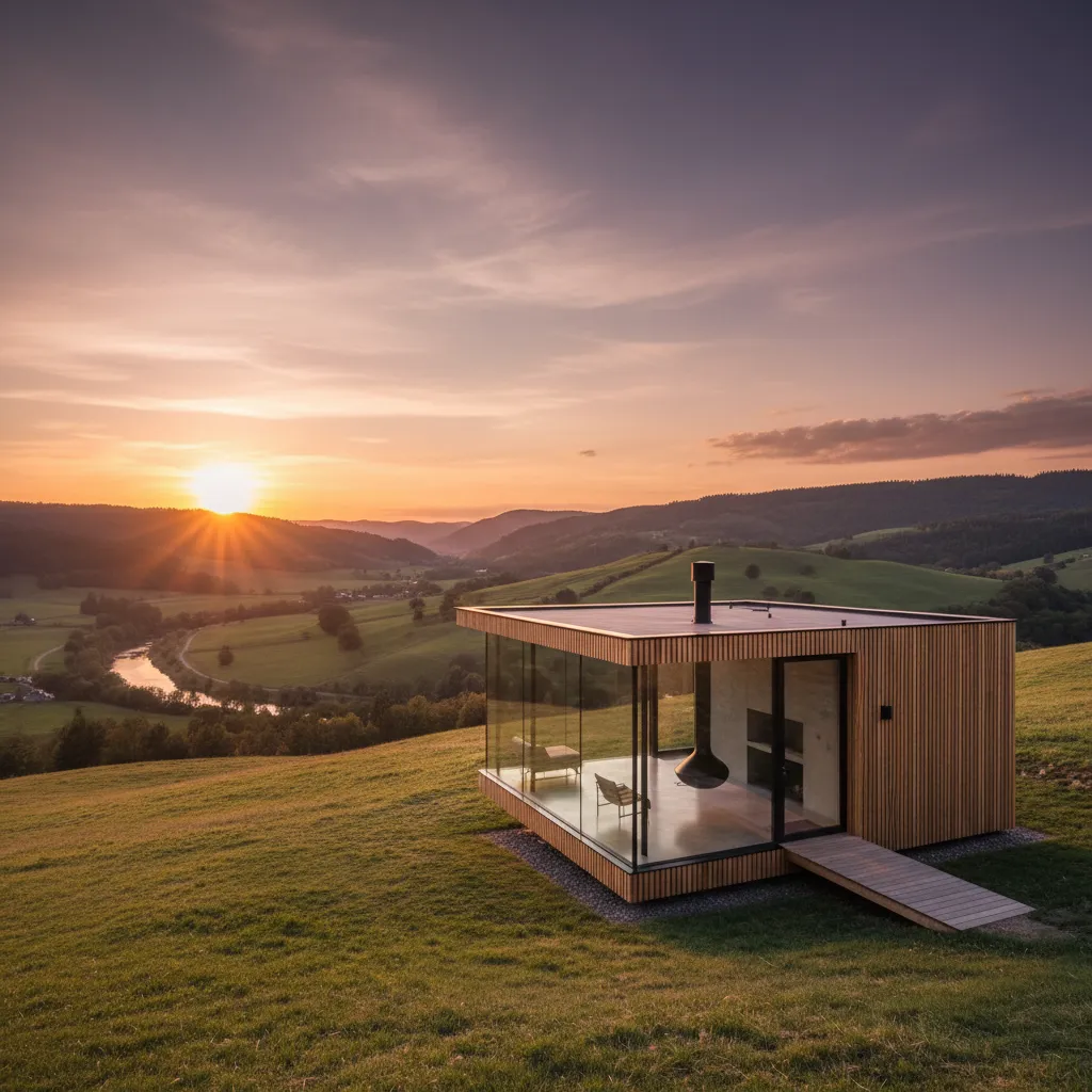 Casa pequeña con grandes ventanales mirando al paisaje rural