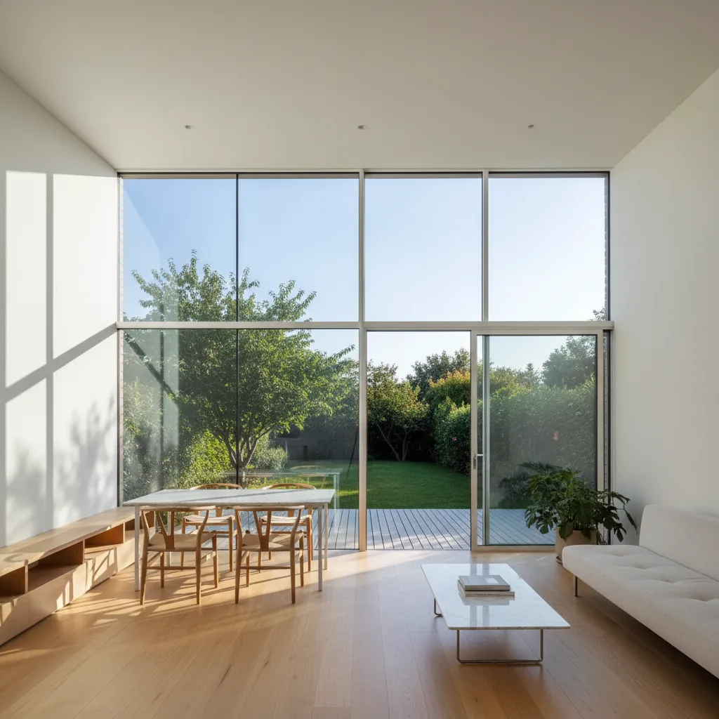 Casa moderna pequeña con grandes ventanales y mucha luz natural