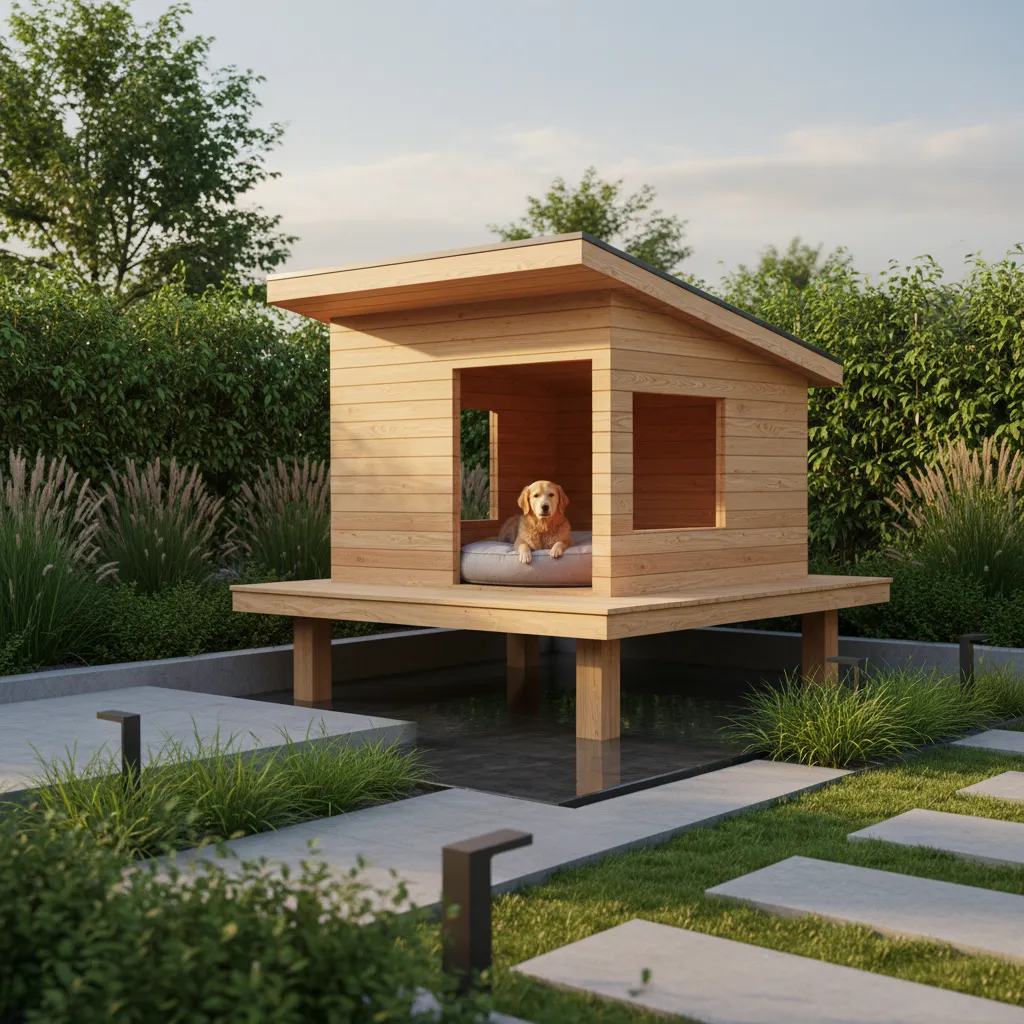 Modern wooden dog house elevated over water in garden with green bushes and golden retriever