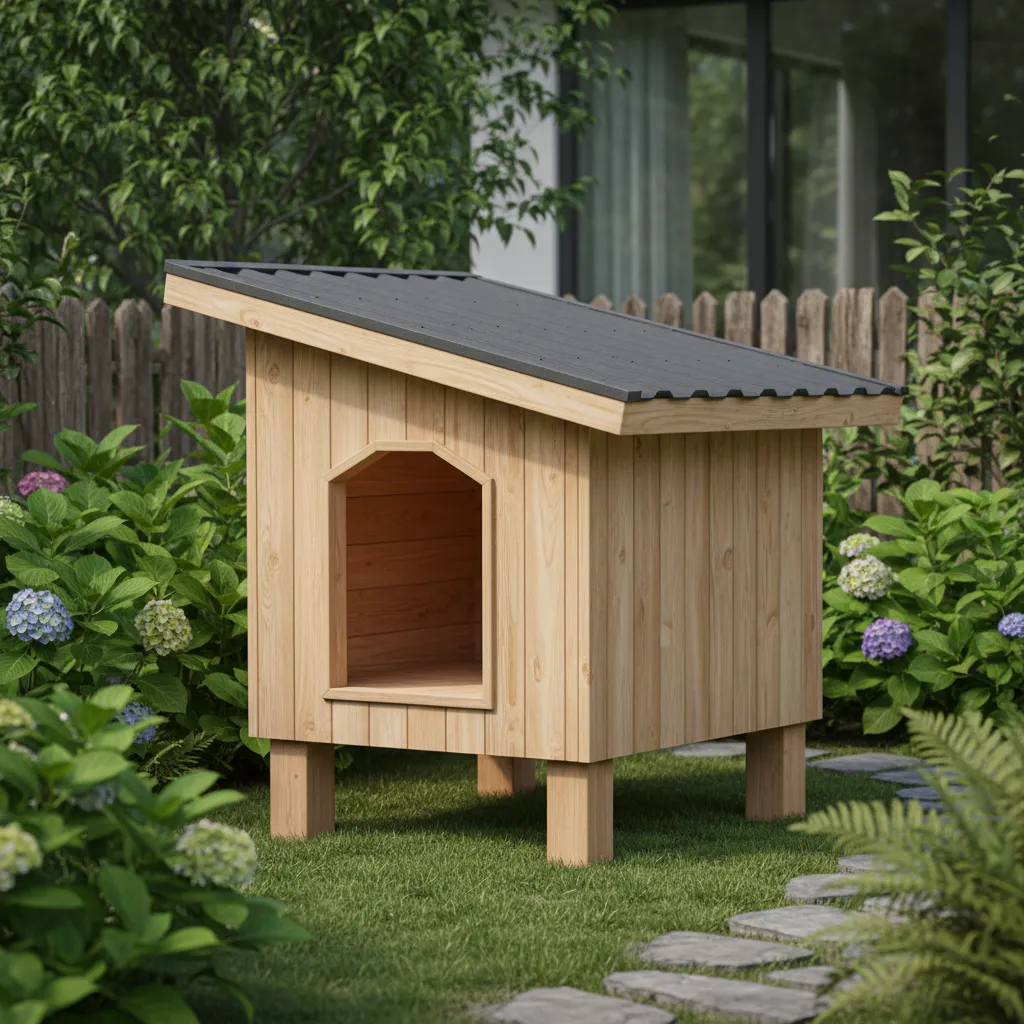 Elevated wooden dog house on four legs in a green garden surrounded by blooming flowers