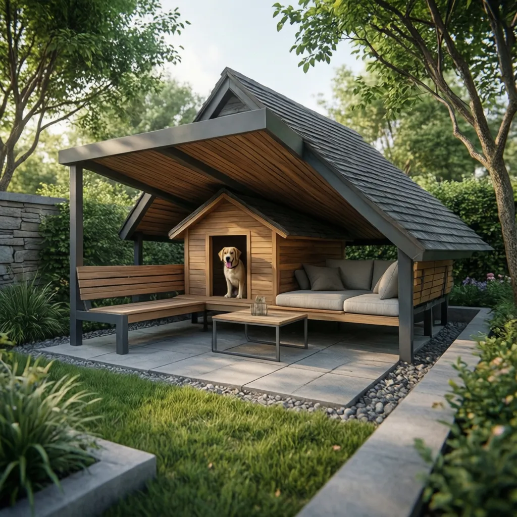 Large wooden dog house with golden dog inside including bench sofa table and stone floor