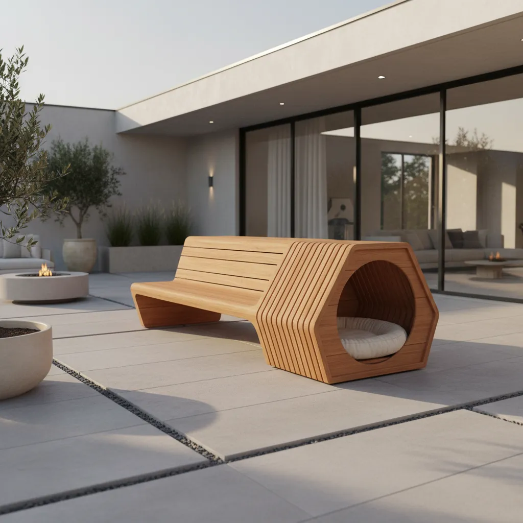 Wooden outdoor bench with integrated hexagonal dog house on stone patio near large glass windows