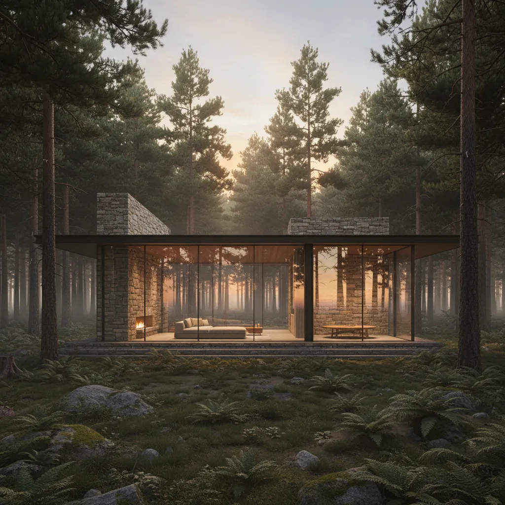 Casa de piedra moderna con grandes ventanales y diseño minimalista