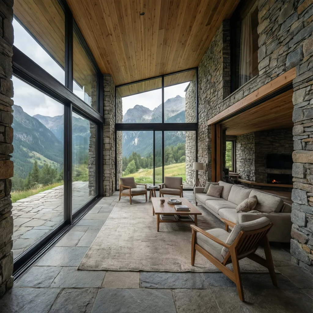 Modern living room with stone walls wooden ceiling grey sofa and large windows showing mountains
