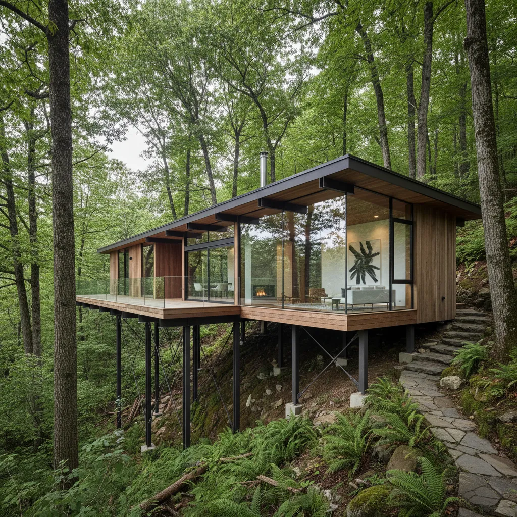 Modern wooden house on black metal stilts in a green forest with large glass windows