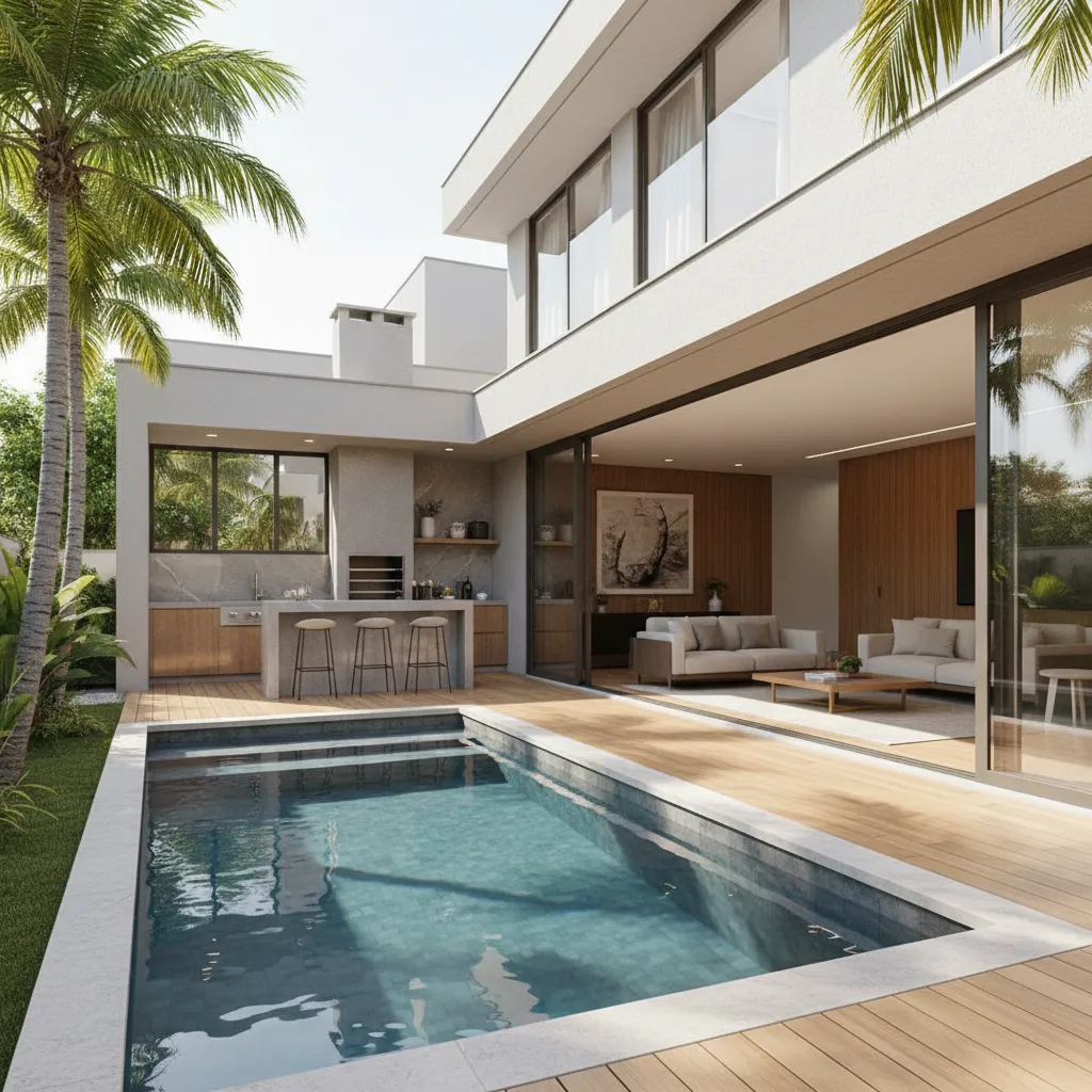 Casa moderna com piscina e área gourmet integrada ao quintal