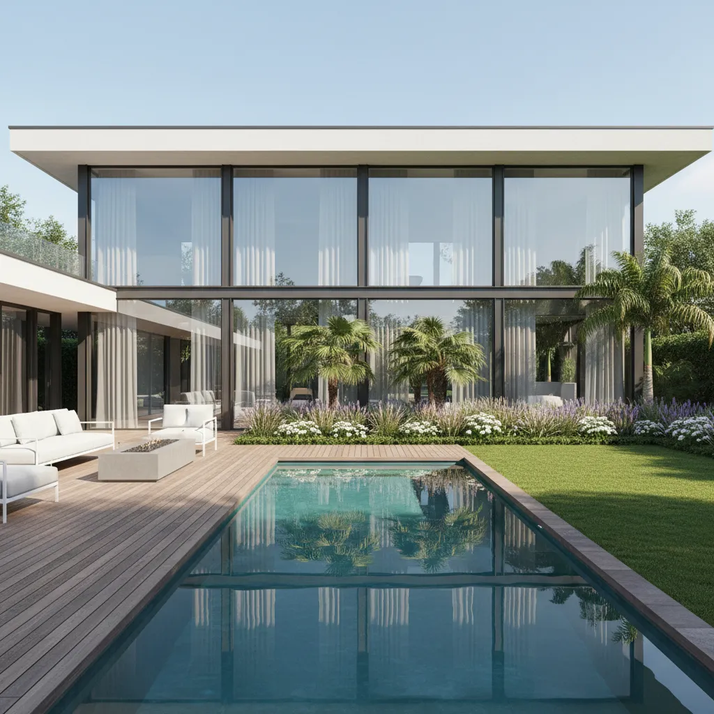 Modern two-story house with large glass windows swimming pool wooden deck white outdoor sofa lawn