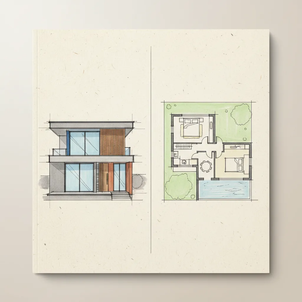 Carpeta con diseño dividido mostrando fachada de casa y plano interior