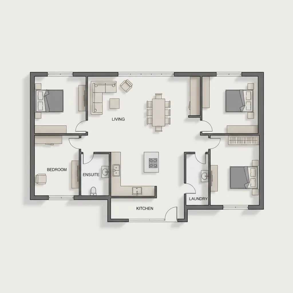 Plano de casa mostrando zonas sociales y privadas separadas
