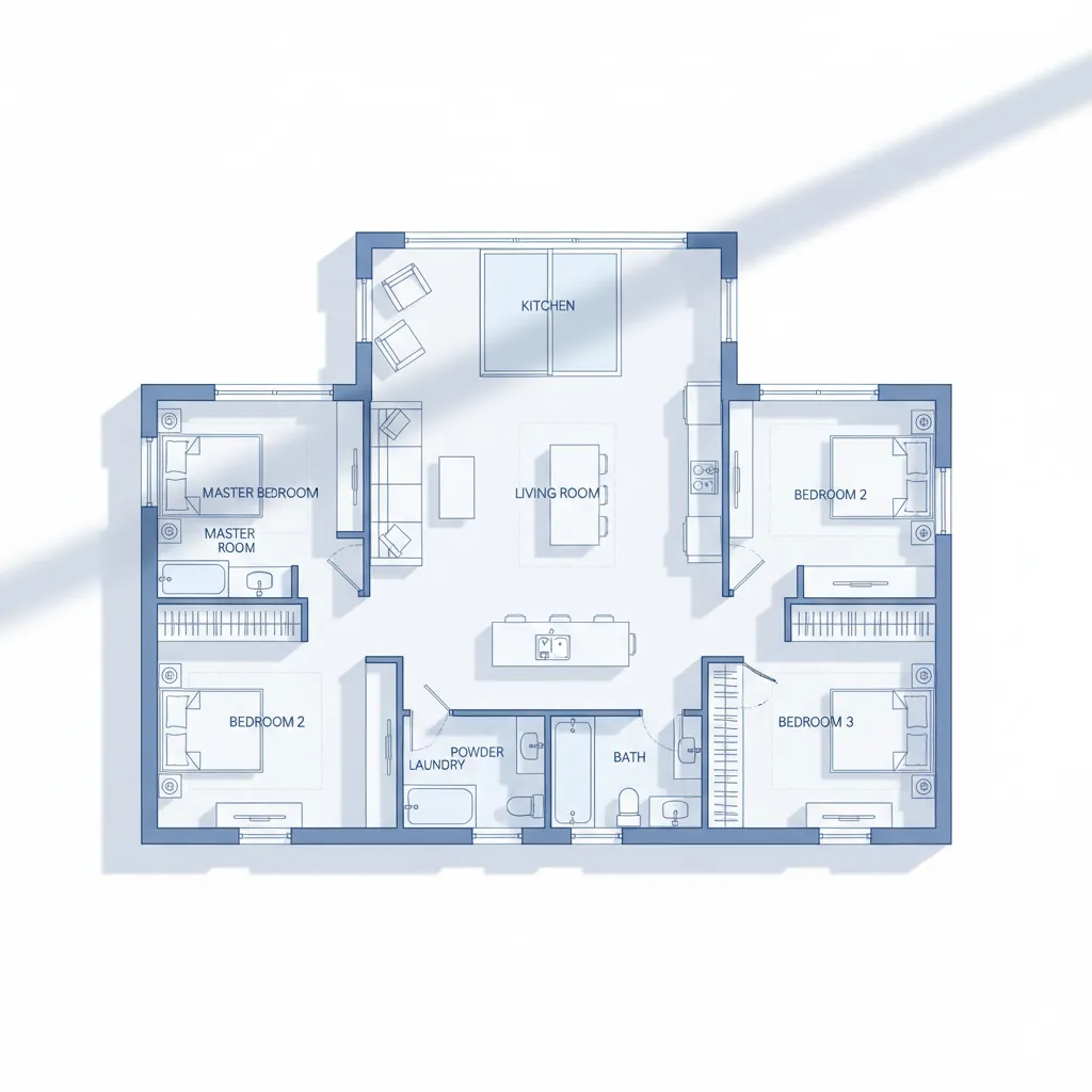 Plano arquitectónico detallado de una casa con distribución de habitaciones