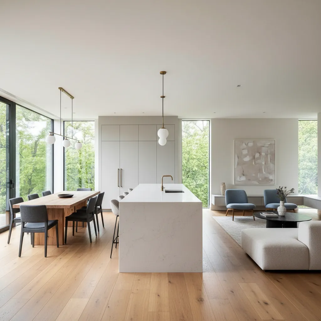Modern open living room with a white kitchen island wooden dining table and glass windows