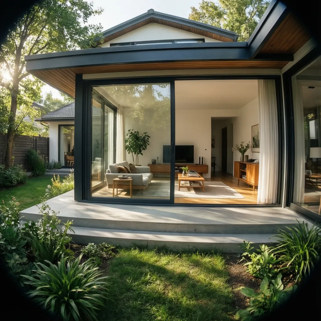 Modern house exterior with large glass sliding doors looking into a living room and garden
