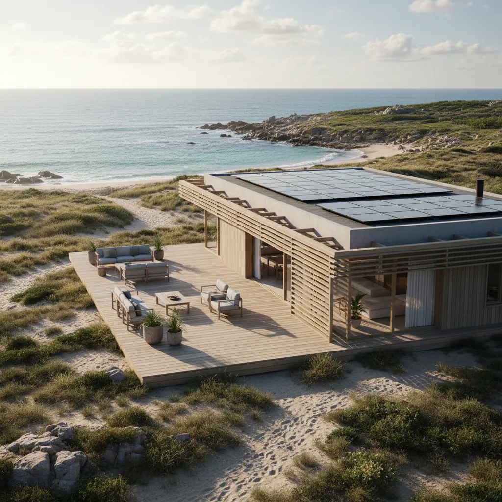 Casa de playa moderna sostenible con paneles solares y ventilación natural