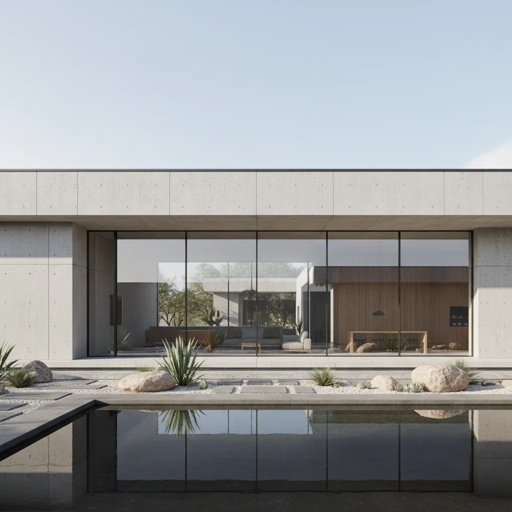 Modern concrete house with large glass windows reflecting a pool and minimalist garden with plants