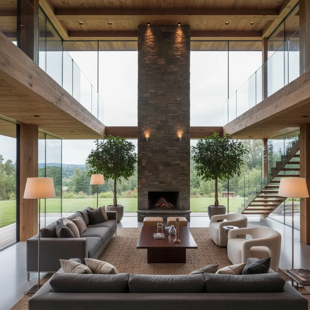 Interior elegante de casa prefabricada con doble altura y ventanales