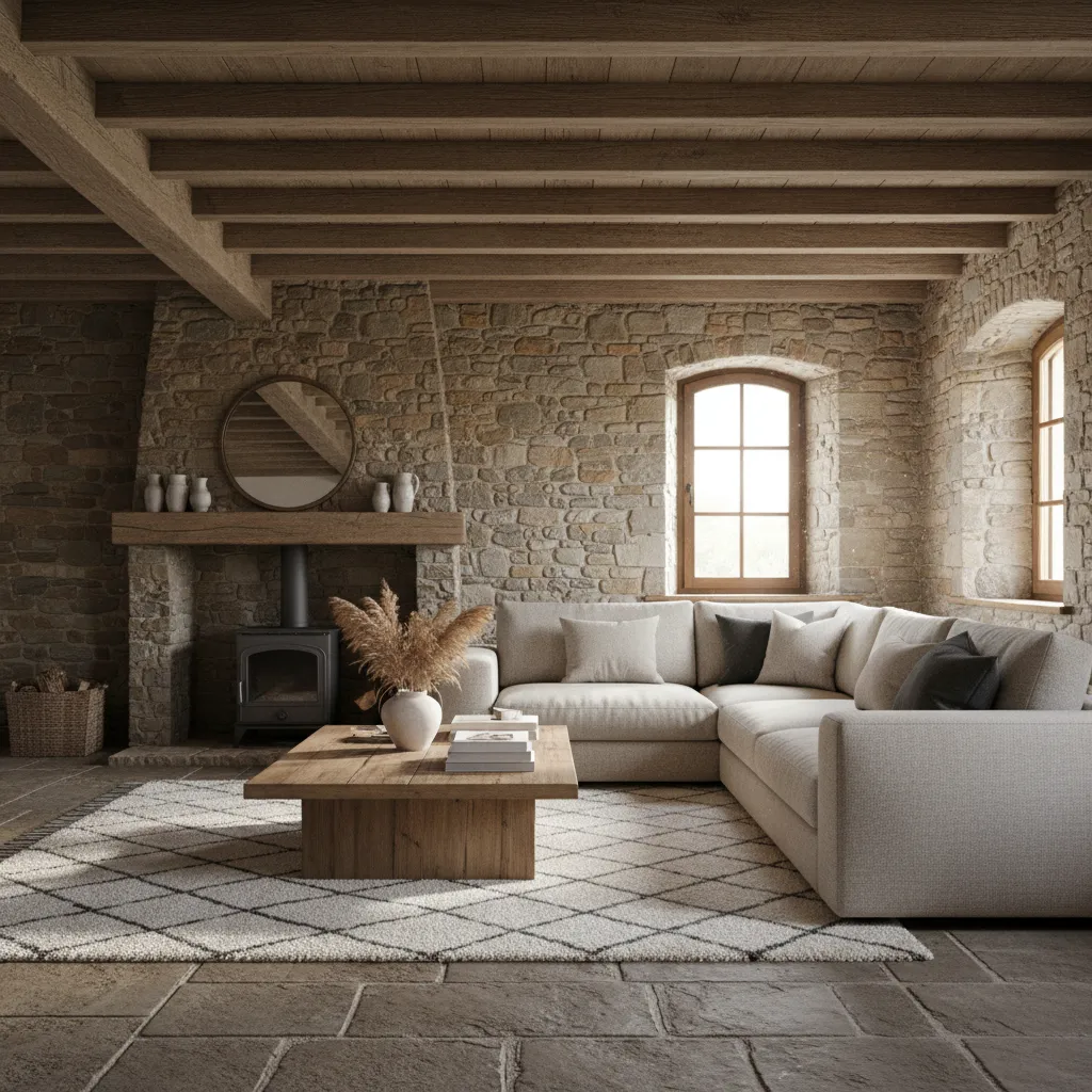 Salón de casa de pueblo con paredes de piedra y muebles modernos