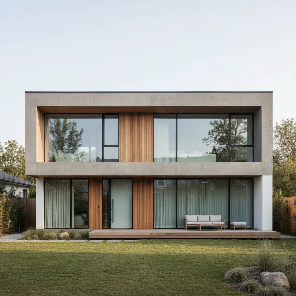 Casa rectangular de dos plantas con diseño simple y económico