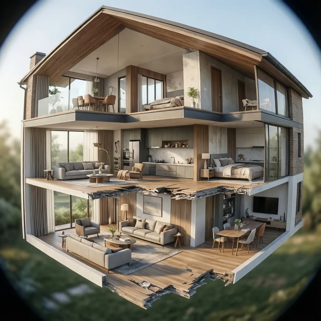 Vista 3D de una casa completa con varias habitaciones diseñadas digitalmente