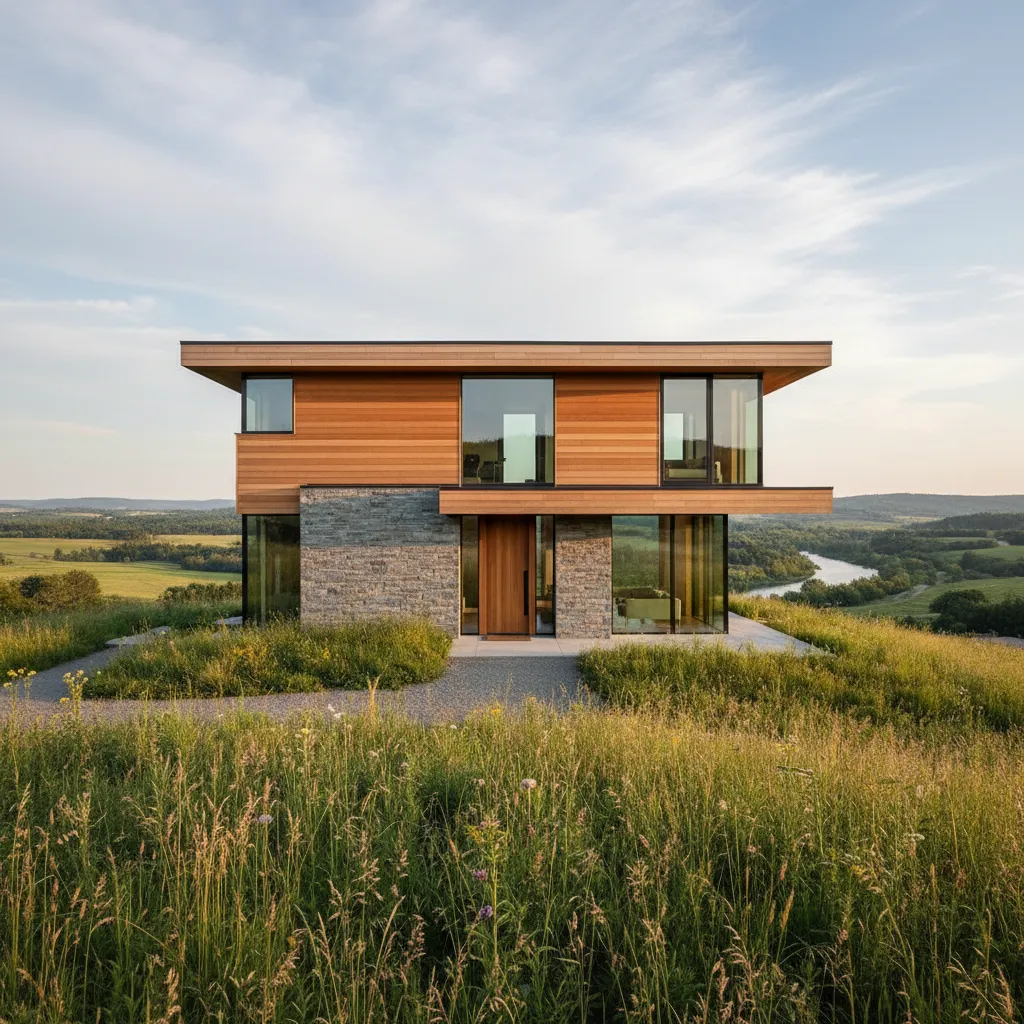 Casa rural moderna de dos niveles con materiales naturales