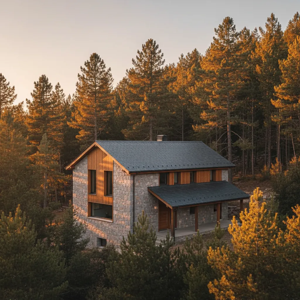 Casa rural moderna en la sierra de Madrid con fachada de piedra y madera